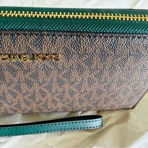 Michael Kors Brown Logo and Green Wallet with Zipper